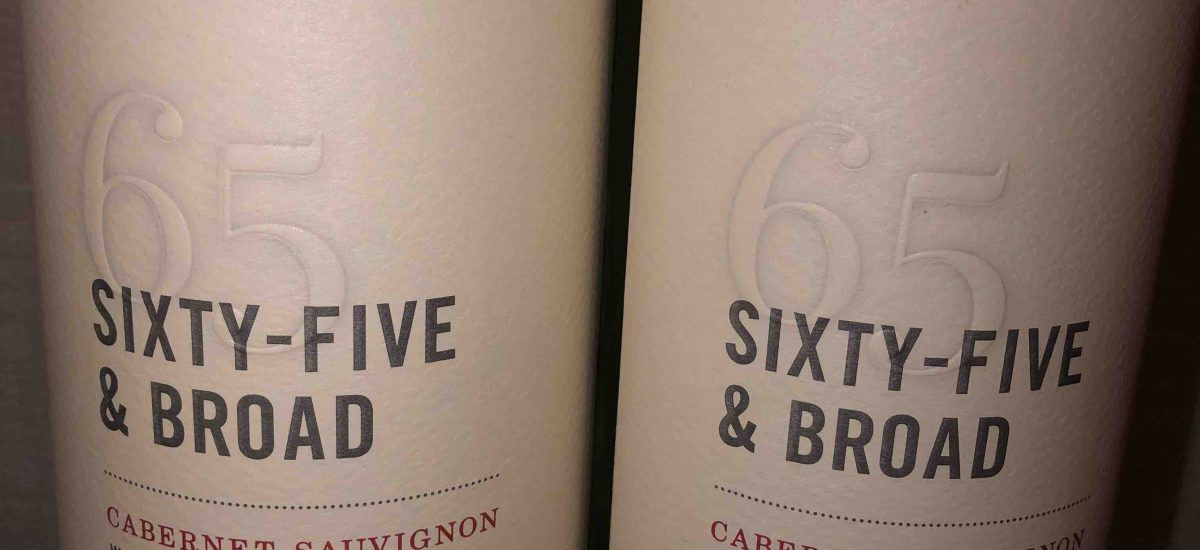 Two bottles of Sixty-Five & Broad Cabernet Sauvignon from Washington standing next to each other