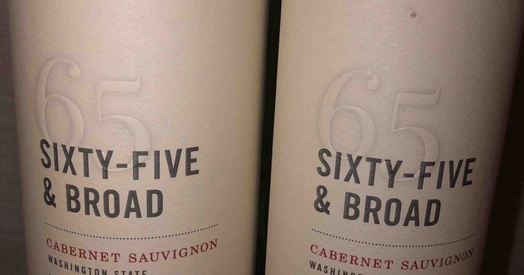 Two bottles of Sixty-Five & Broad Cabernet Sauvignon from Washington standing next to each other