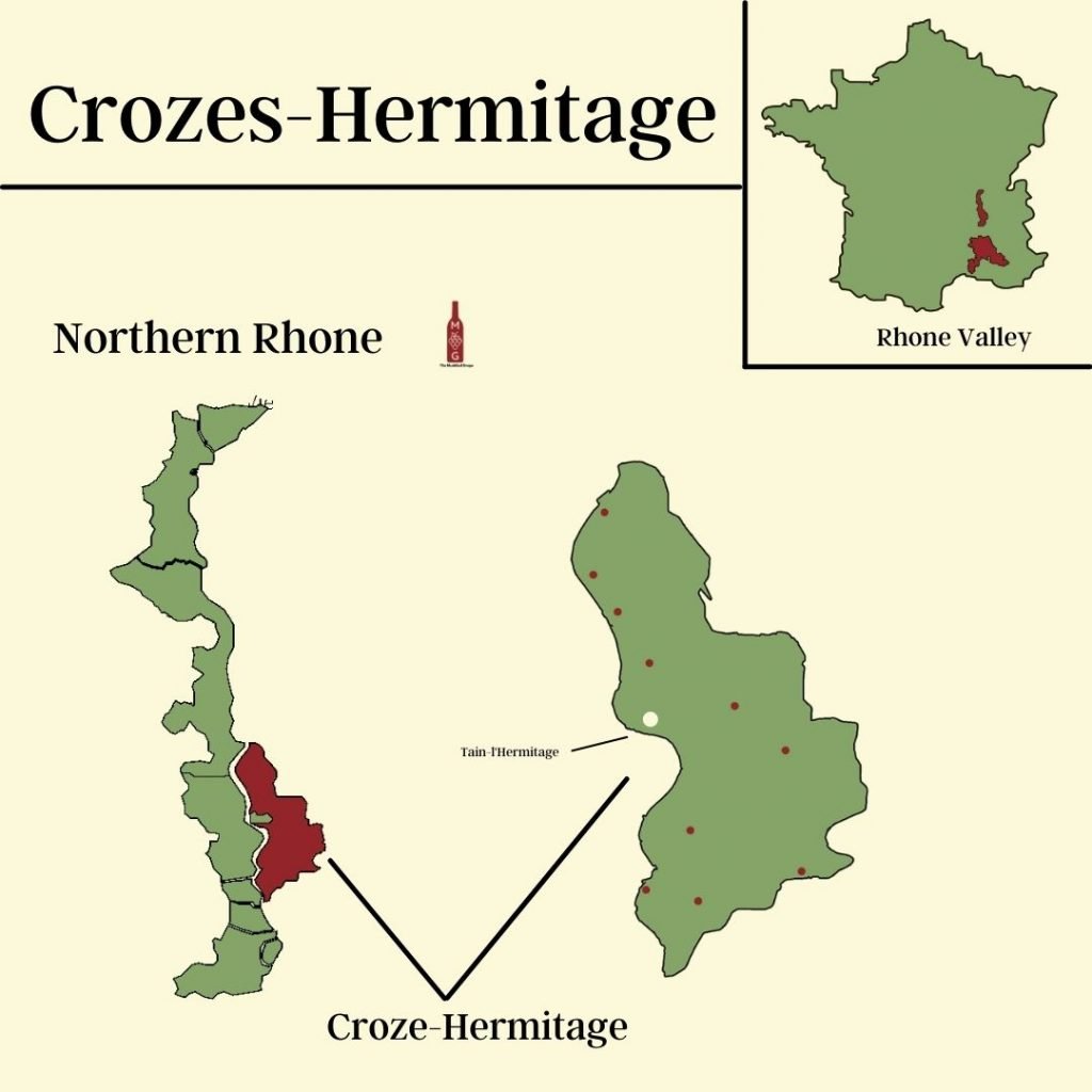 A general map highlighting the location of the Rhone Valley, Northern Rhone, and Crozes, Hermitage.